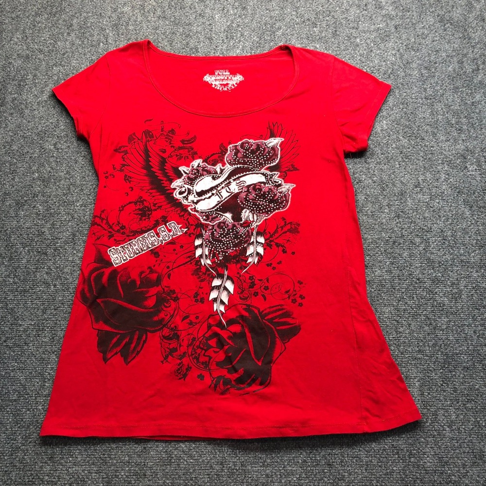 Y2K Red Graphic Tee Rhinestone Roses Biker Top Womens